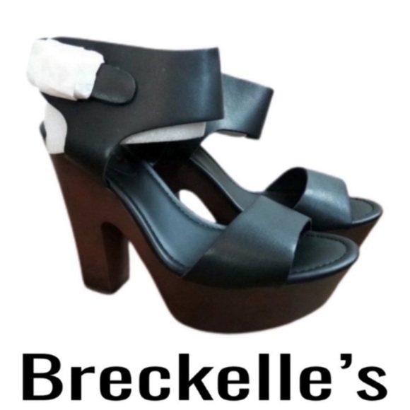 - Breckelle's "Rudy" Women's Shoes Black Ankle Strap Brown Platform Heels - Picture 1 of 8